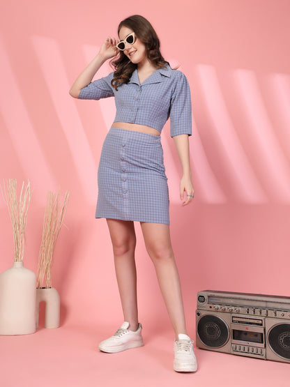 Women’s Checked Shirt Collar Top With Skirt Co-Ords