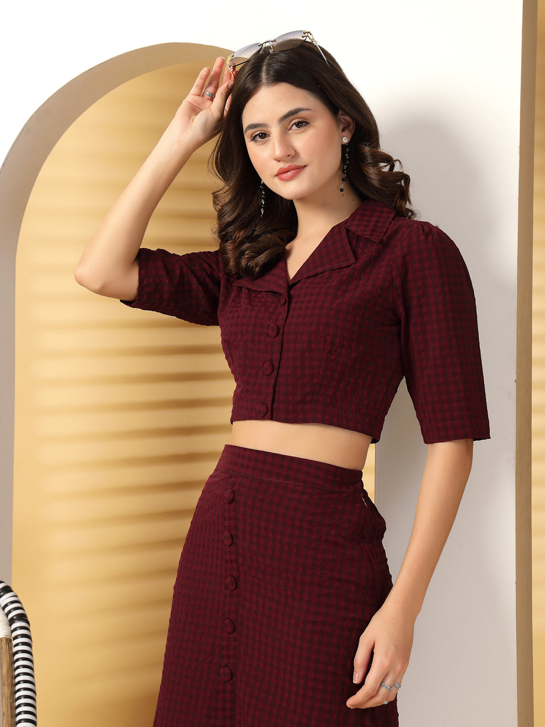 Women’s Self Design Collar Neck Top With Skirt Co-Ords