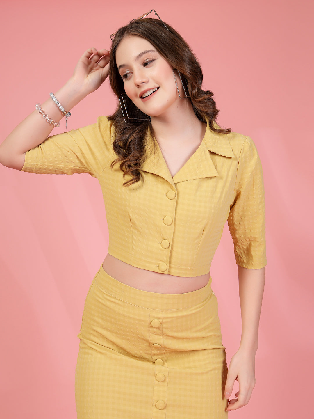 Women’s Self Design Shirt Neck Top With Skirt Co-Ords