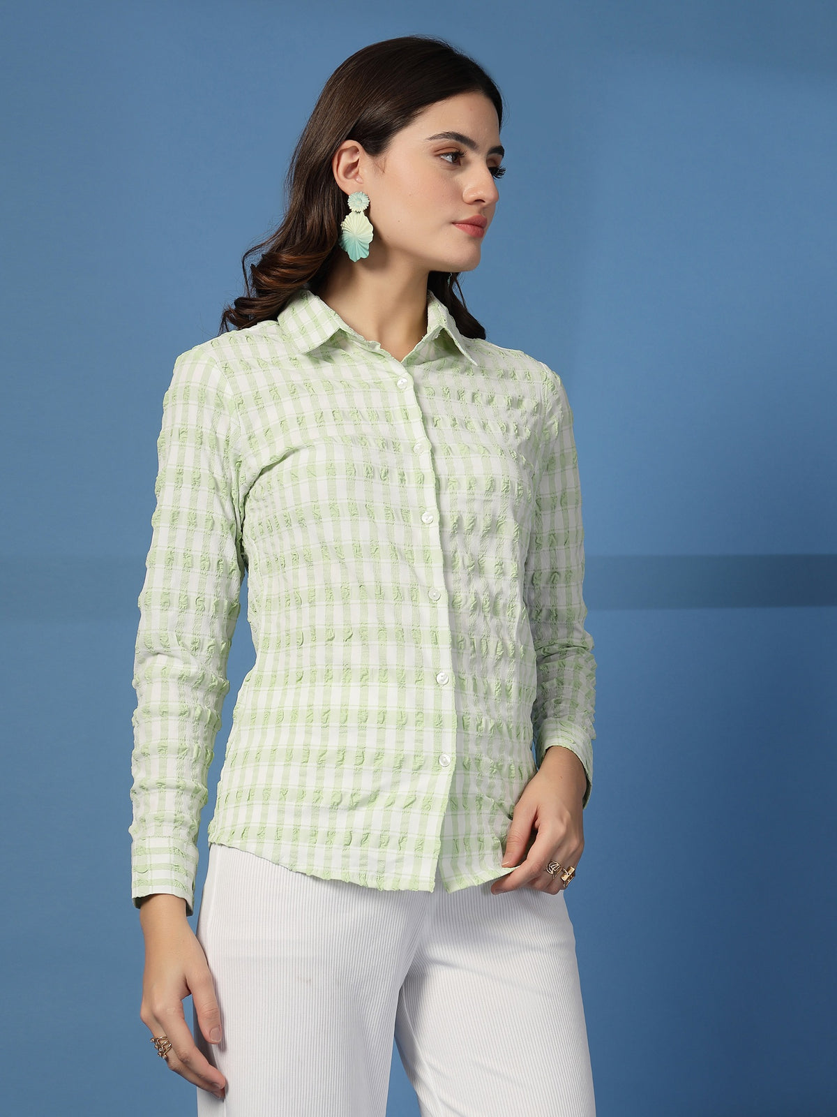 Women’s Checked Spread Collar Comfort Relaxed Fit Seersucker Shirt