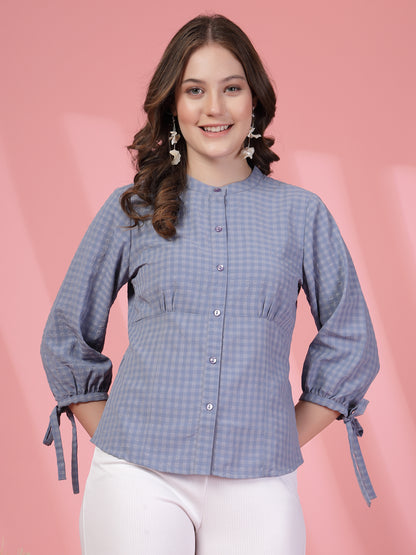 Women’s Micro Checks Checked Comfort Mandarin Collar Relaxed Fit Shirt