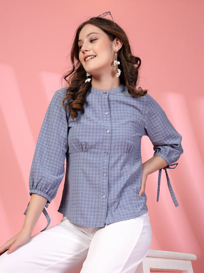 Women’s Micro Checks Checked Comfort Mandarin Collar Relaxed Fit Shirt