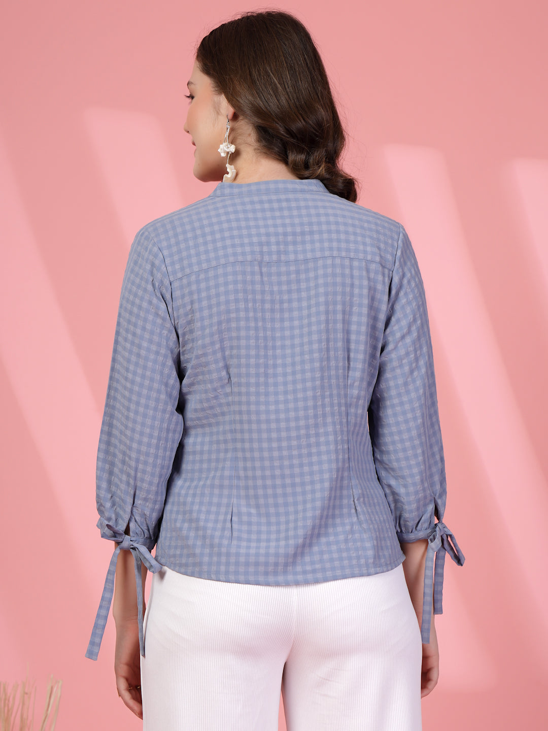 Women’s Micro Checks Checked Comfort Mandarin Collar Relaxed Fit Shirt
