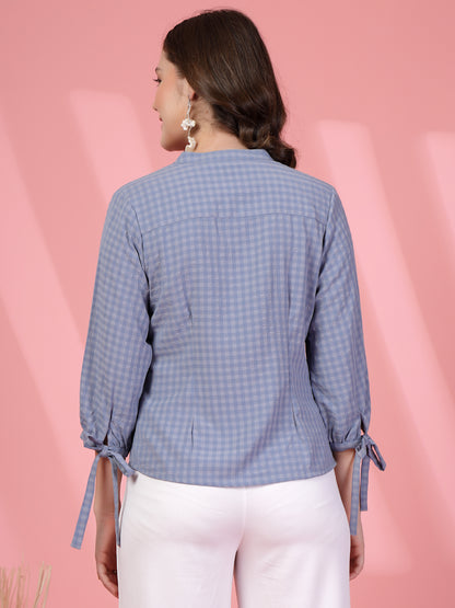 Women’s Micro Checks Checked Comfort Mandarin Collar Relaxed Fit Shirt