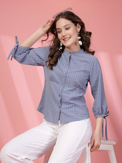 Women’s Micro Checks Checked Comfort Mandarin Collar Relaxed Fit Shirt