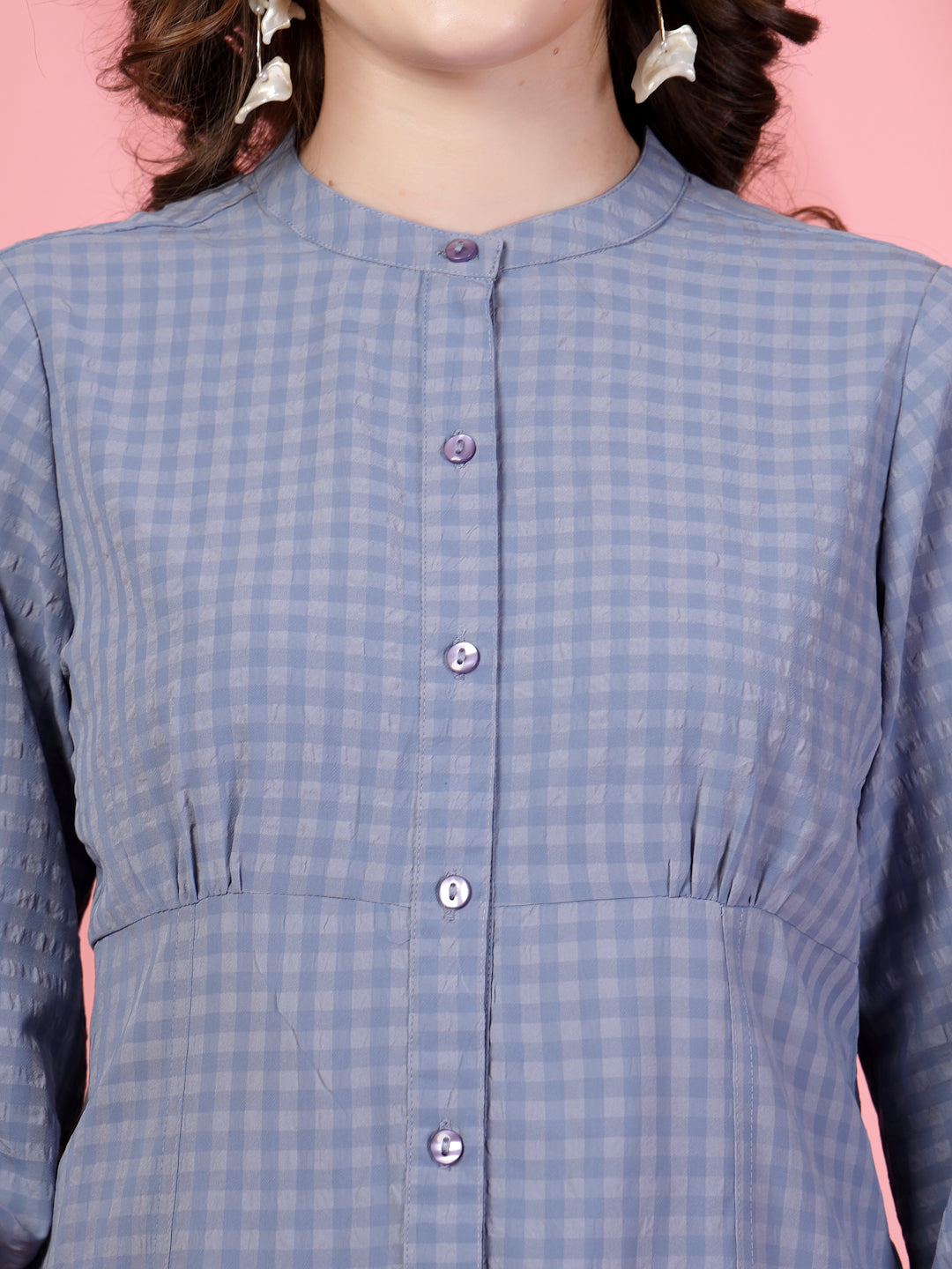 Women’s Micro Checks Checked Comfort Mandarin Collar Relaxed Fit Shirt