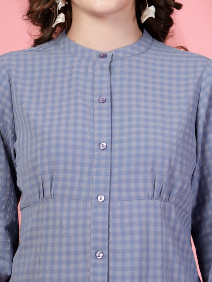Women’s Micro Checks Checked Comfort Mandarin Collar Relaxed Fit Shirt