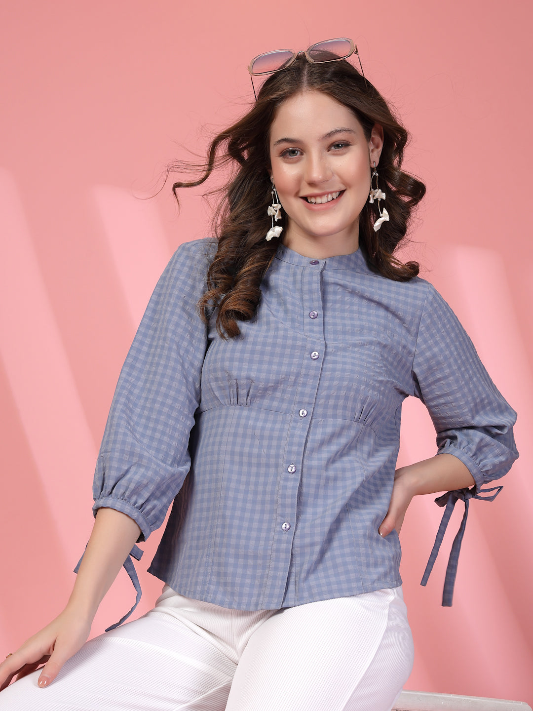 Women’s Micro Checks Checked Comfort Mandarin Collar Relaxed Fit Shirt