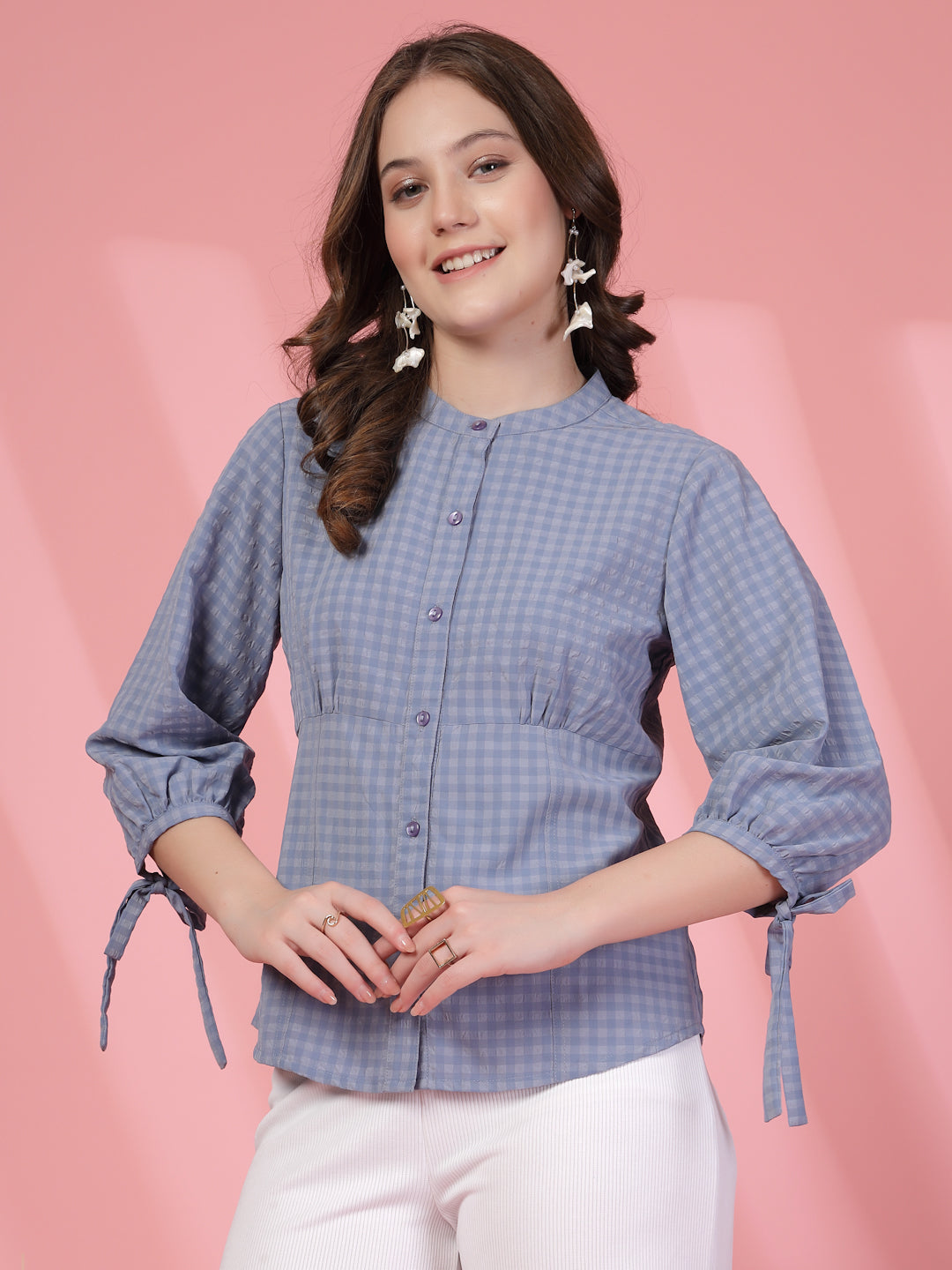 Women’s Micro Checks Checked Comfort Mandarin Collar Relaxed Fit Shirt