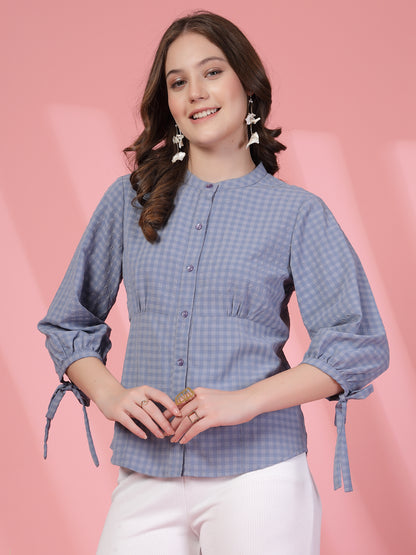 Women’s Micro Checks Checked Comfort Mandarin Collar Relaxed Fit Shirt