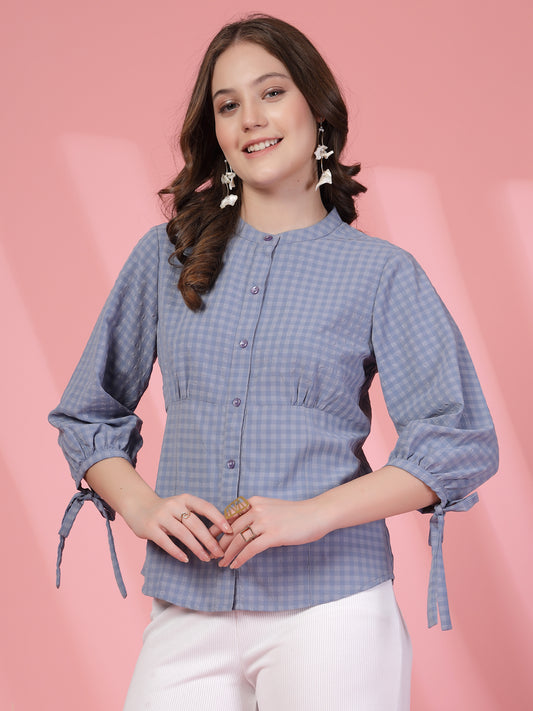 Women’s Micro Checks Checked Comfort Mandarin Collar Relaxed Fit Shirt