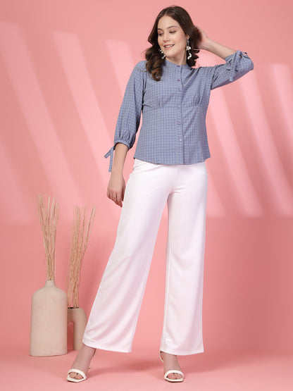 Women’s Micro Checks Checked Comfort Mandarin Collar Relaxed Fit Shirt