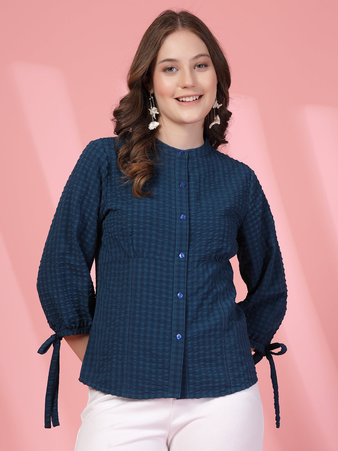 Women’s Checked Mandarin Collar Comfort Relaxed Fit Seersucker Shirt