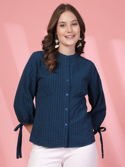 Women’s Checked Mandarin Collar Comfort Relaxed Fit Seersucker Shirt