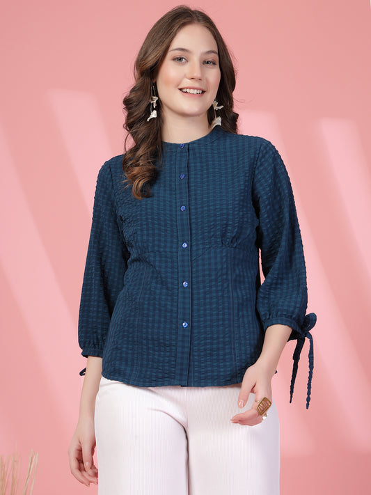 Women’s Checked Mandarin Collar Comfort Relaxed Fit Seersucker Shirt