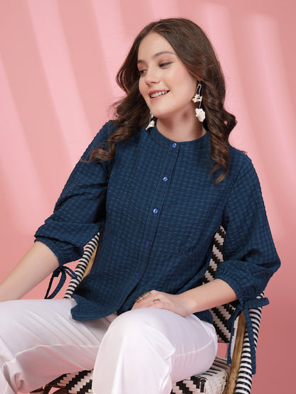 Women’s Checked Mandarin Collar Comfort Relaxed Fit Seersucker Shirt
