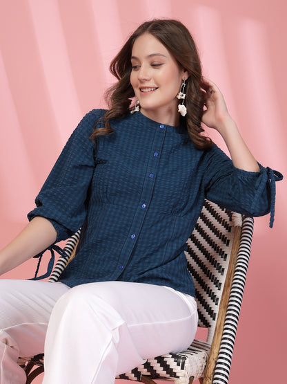 Women’s Checked Mandarin Collar Comfort Relaxed Fit Seersucker Shirt