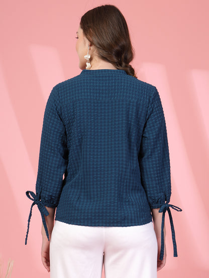 Women’s Checked Mandarin Collar Comfort Relaxed Fit Seersucker Shirt