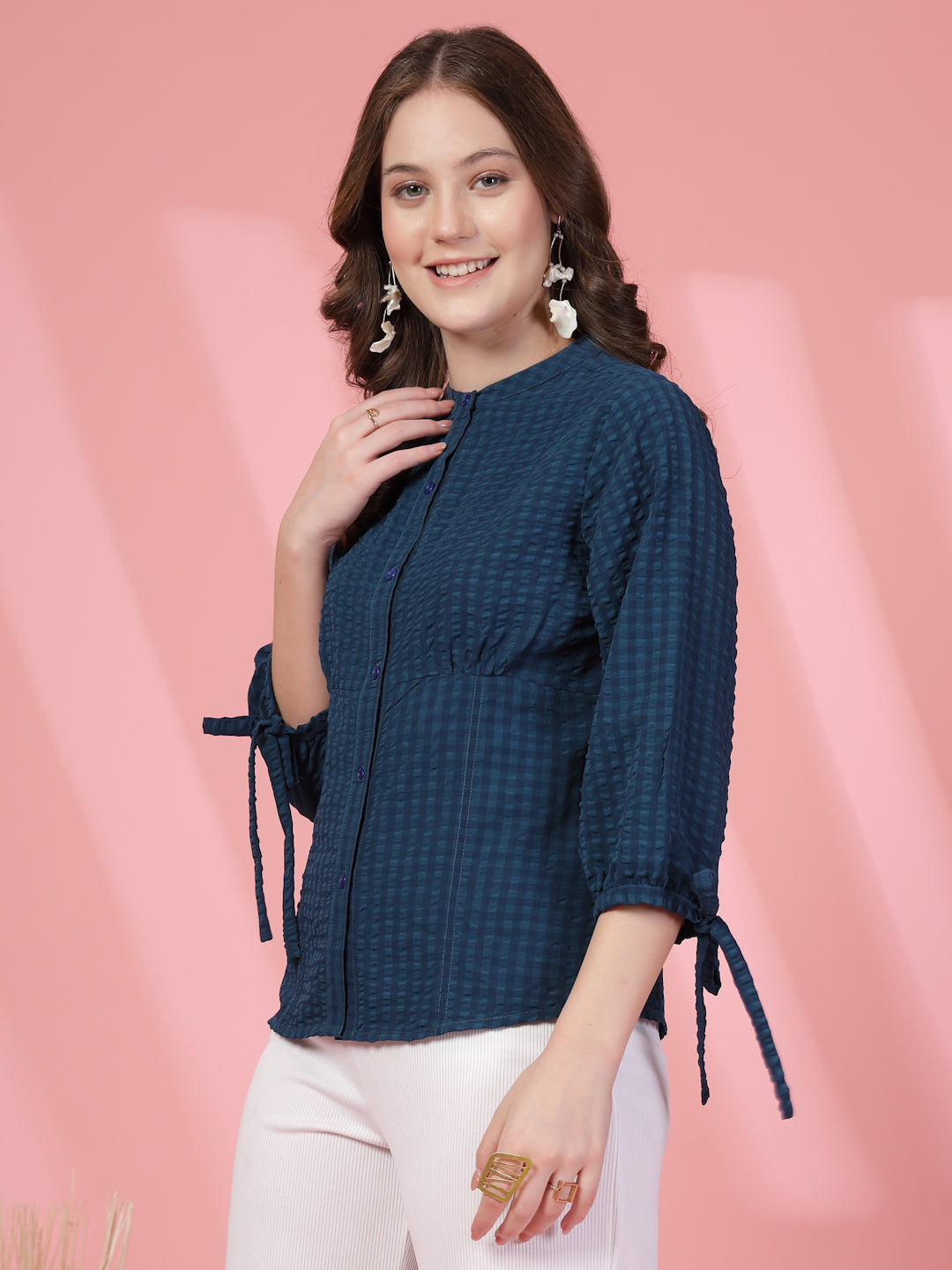 Women’s Checked Mandarin Collar Comfort Relaxed Fit Seersucker Shirt