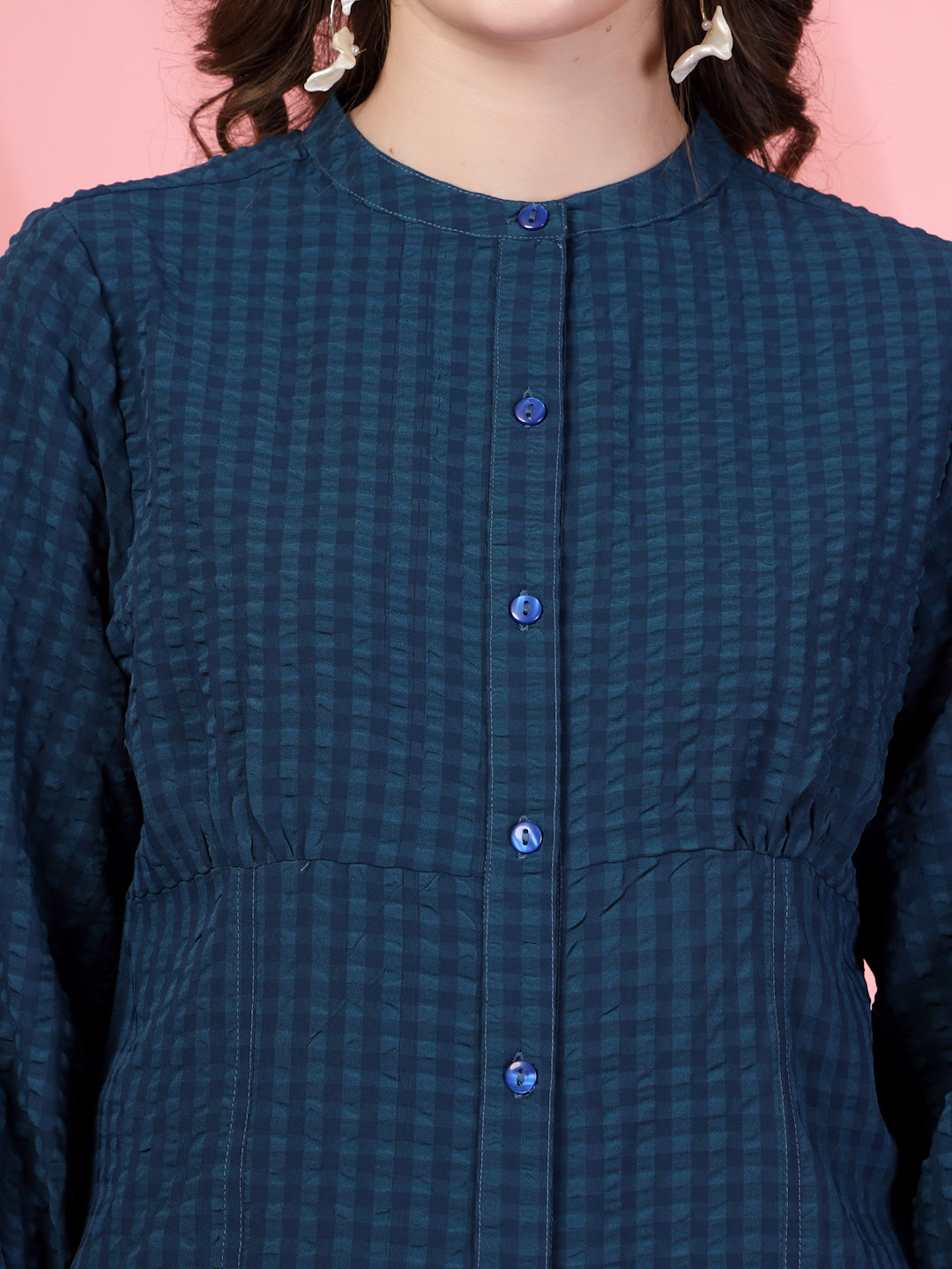 Women’s Checked Mandarin Collar Comfort Relaxed Fit Seersucker Shirt