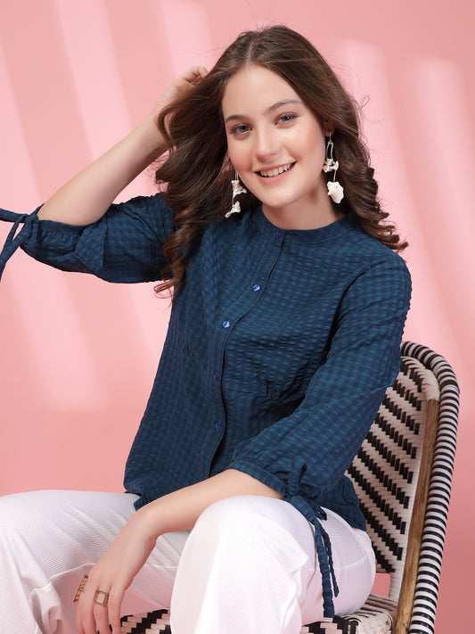 Women’s Checked Mandarin Collar Comfort Relaxed Fit Seersucker Shirt
