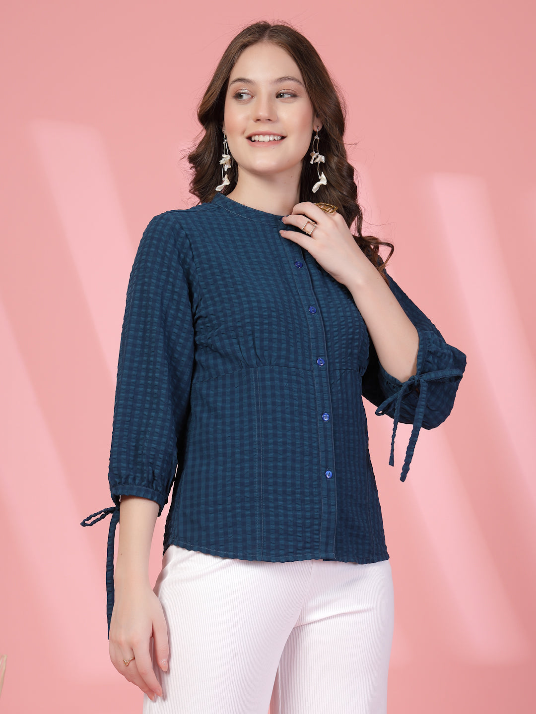 Women’s Checked Mandarin Collar Comfort Relaxed Fit Seersucker Shirt