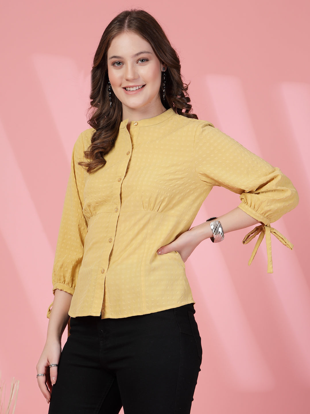 Women’s Mandarin Collar Self Design Casual Shirt