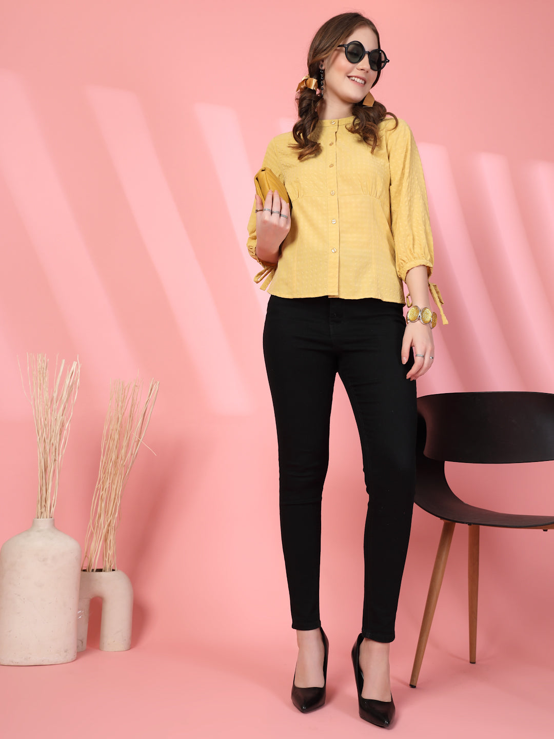 Women’s Mandarin Collar Self Design Casual Shirt