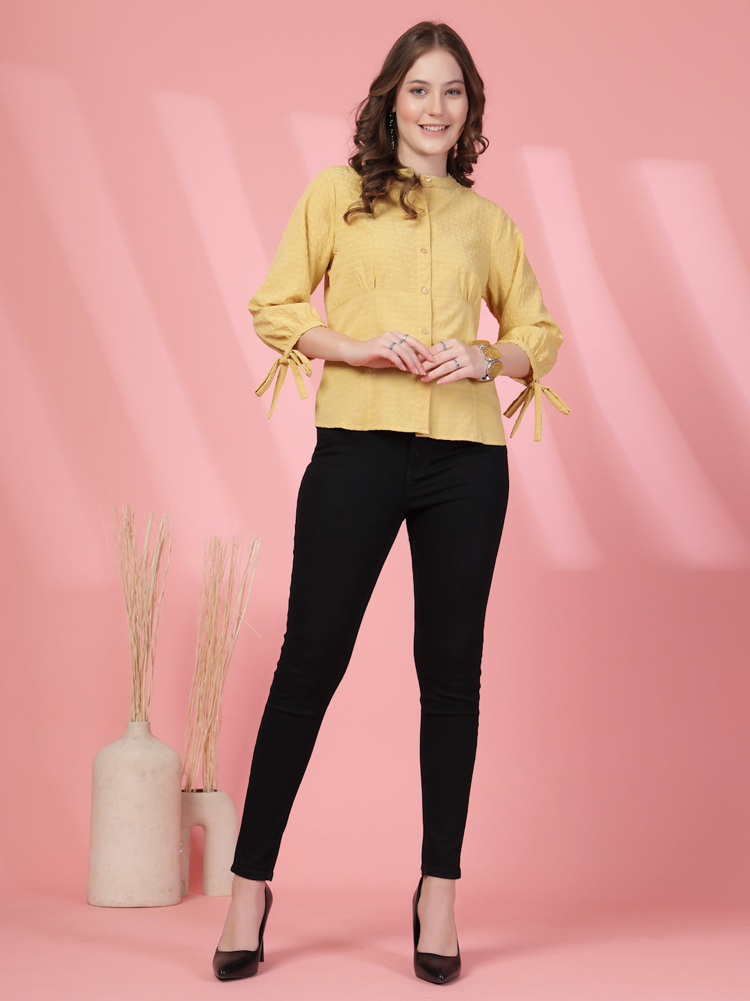Women’s Mandarin Collar Self Design Casual Shirt