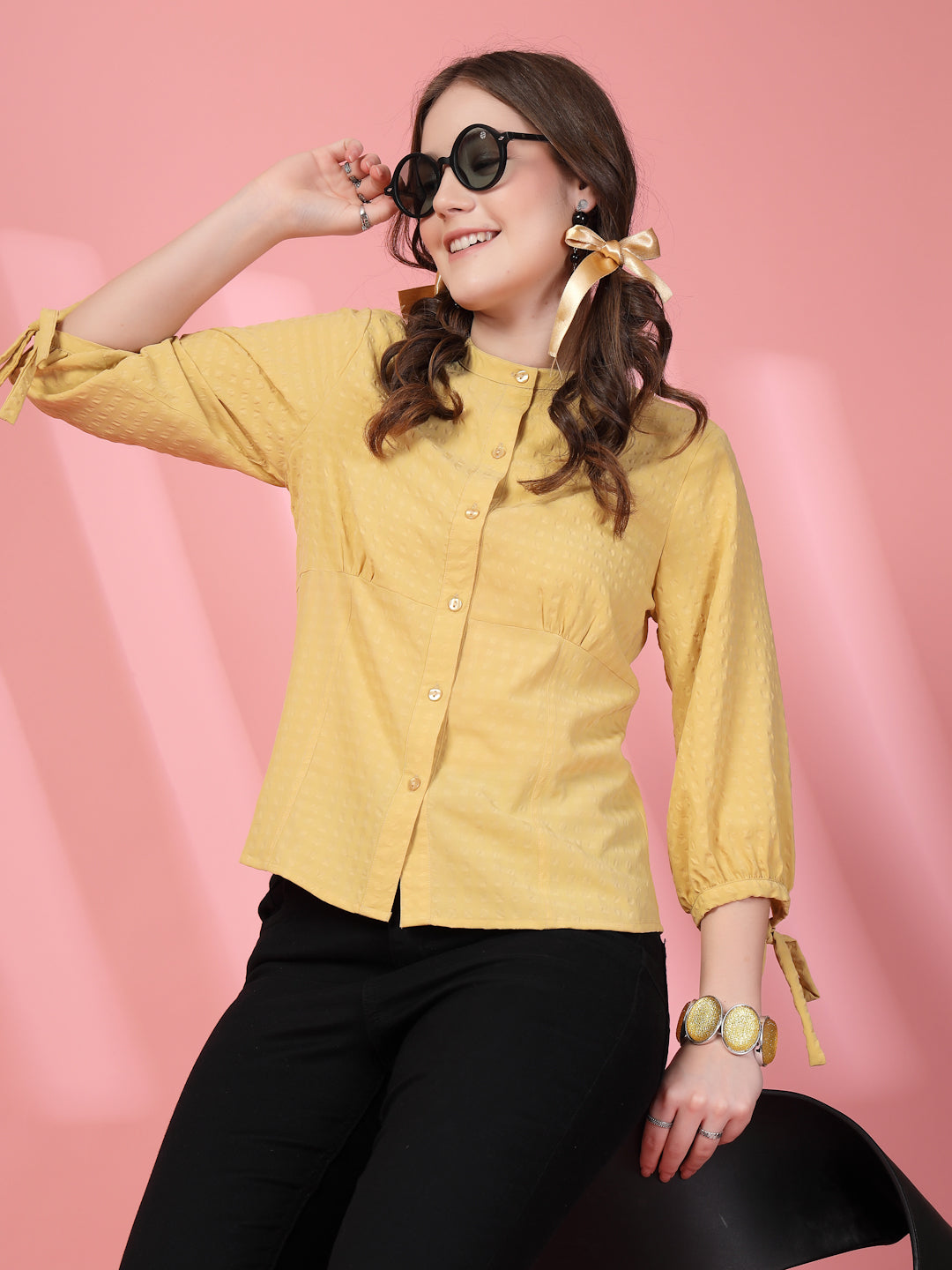 Women’s Mandarin Collar Self Design Casual Shirt