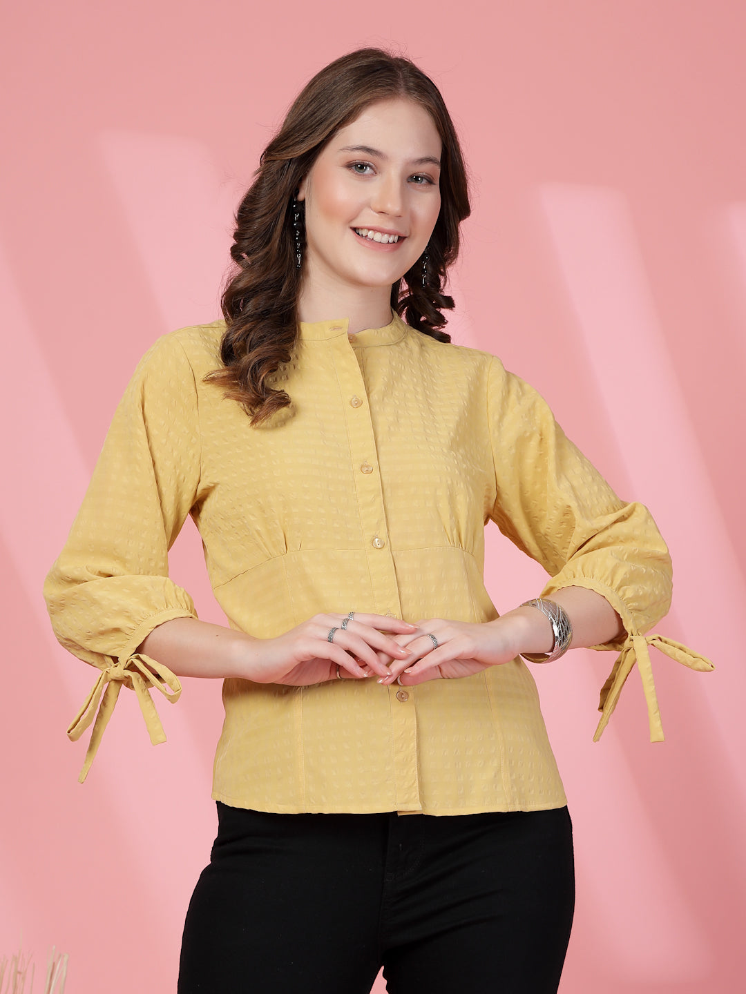 Women’s Mandarin Collar Self Design Casual Shirt