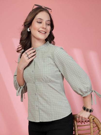 Women’s Comfort Checked Tie-Ups Mandarin Collar Relaxed Fit Regular Shirt
