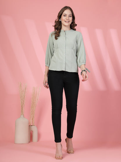 Women’s Comfort Checked Tie-Ups Mandarin Collar Relaxed Fit Regular Shirt