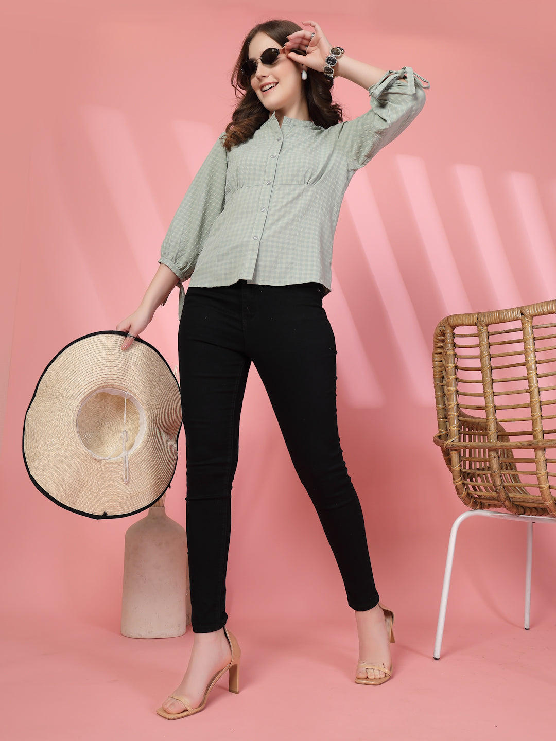Women’s Comfort Checked Tie-Ups Mandarin Collar Relaxed Fit Regular Shirt