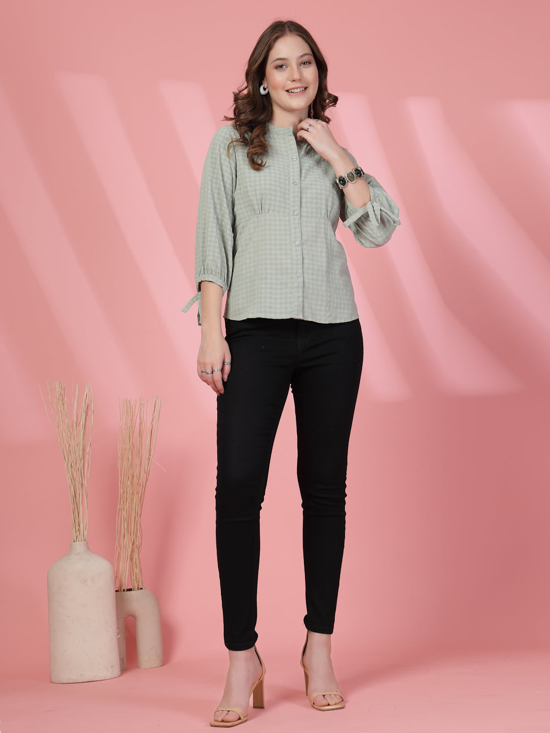 Women’s Comfort Checked Tie-Ups Mandarin Collar Relaxed Fit Regular Shirt