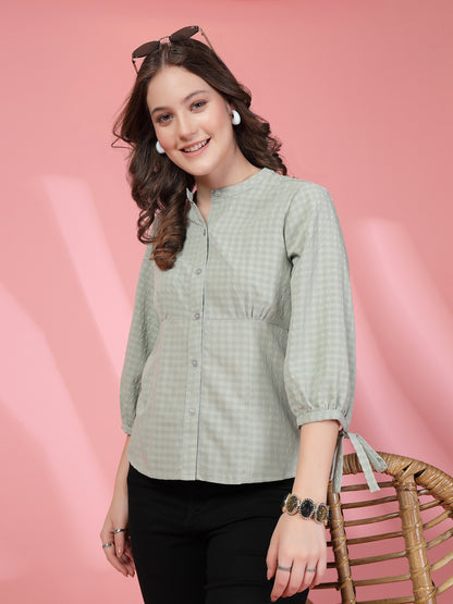 Women’s Comfort Checked Tie-Ups Mandarin Collar Relaxed Fit Regular Shirt