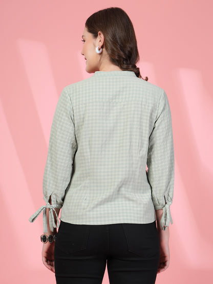 Women’s Comfort Checked Tie-Ups Mandarin Collar Relaxed Fit Regular Shirt