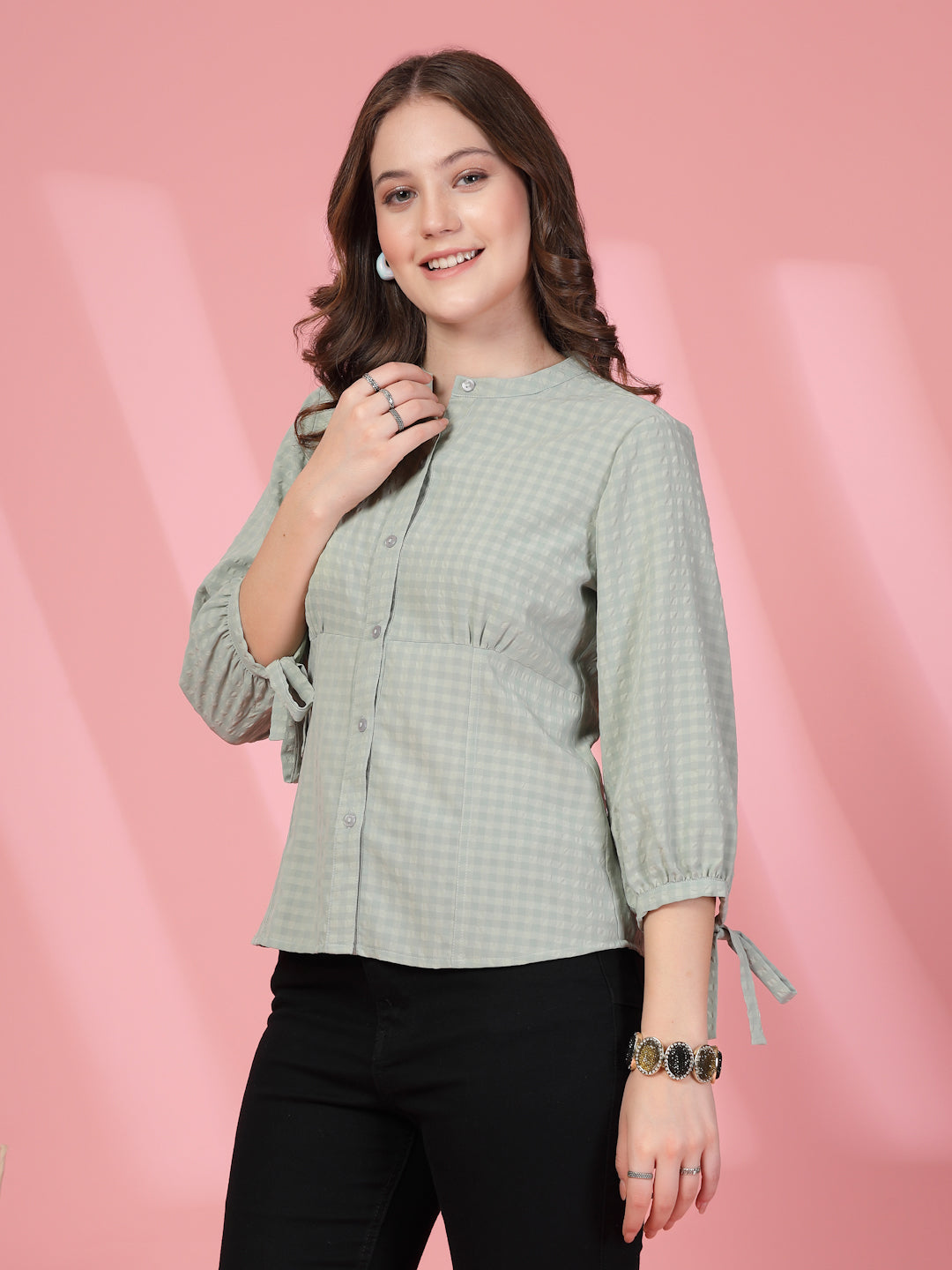 Women’s Comfort Checked Tie-Ups Mandarin Collar Relaxed Fit Regular Shirt