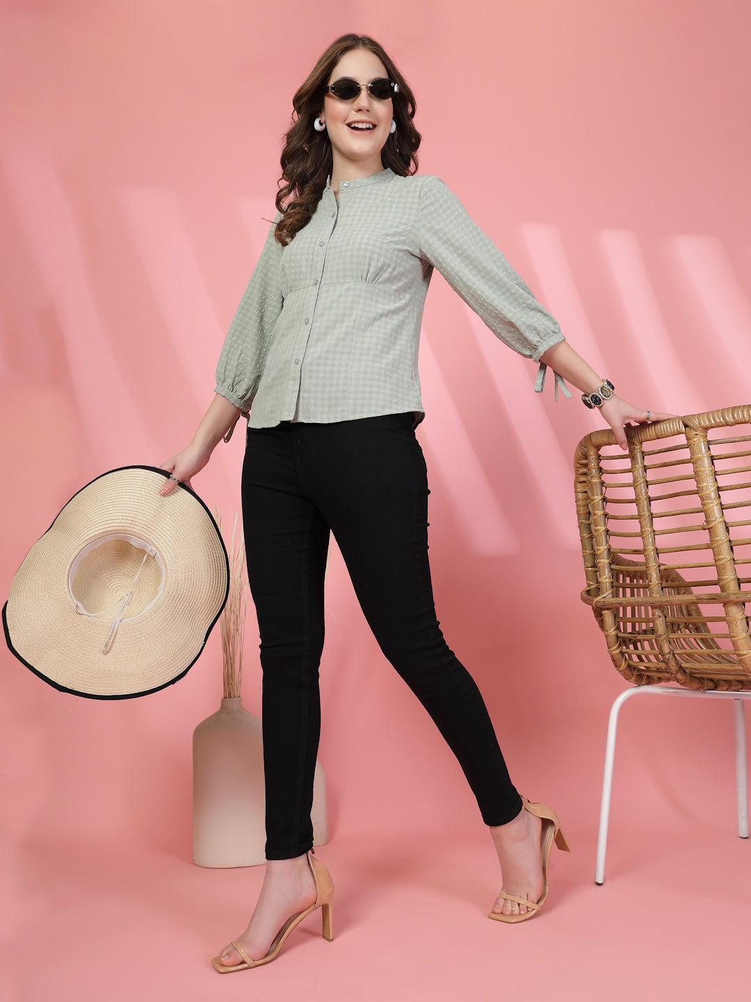 Women’s Comfort Checked Tie-Ups Mandarin Collar Relaxed Fit Regular Shirt