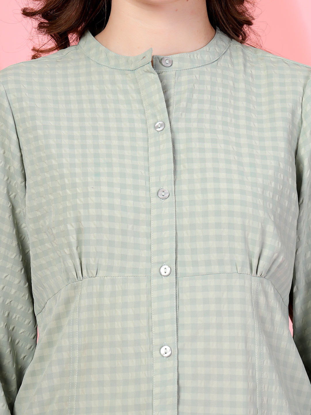 Women’s Comfort Checked Tie-Ups Mandarin Collar Relaxed Fit Regular Shirt