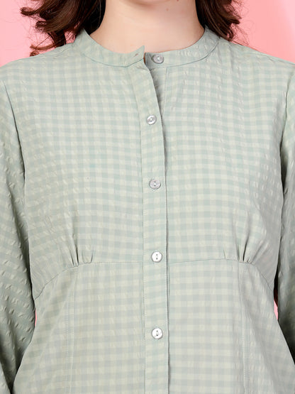 Women’s Comfort Checked Tie-Ups Mandarin Collar Relaxed Fit Regular Shirt