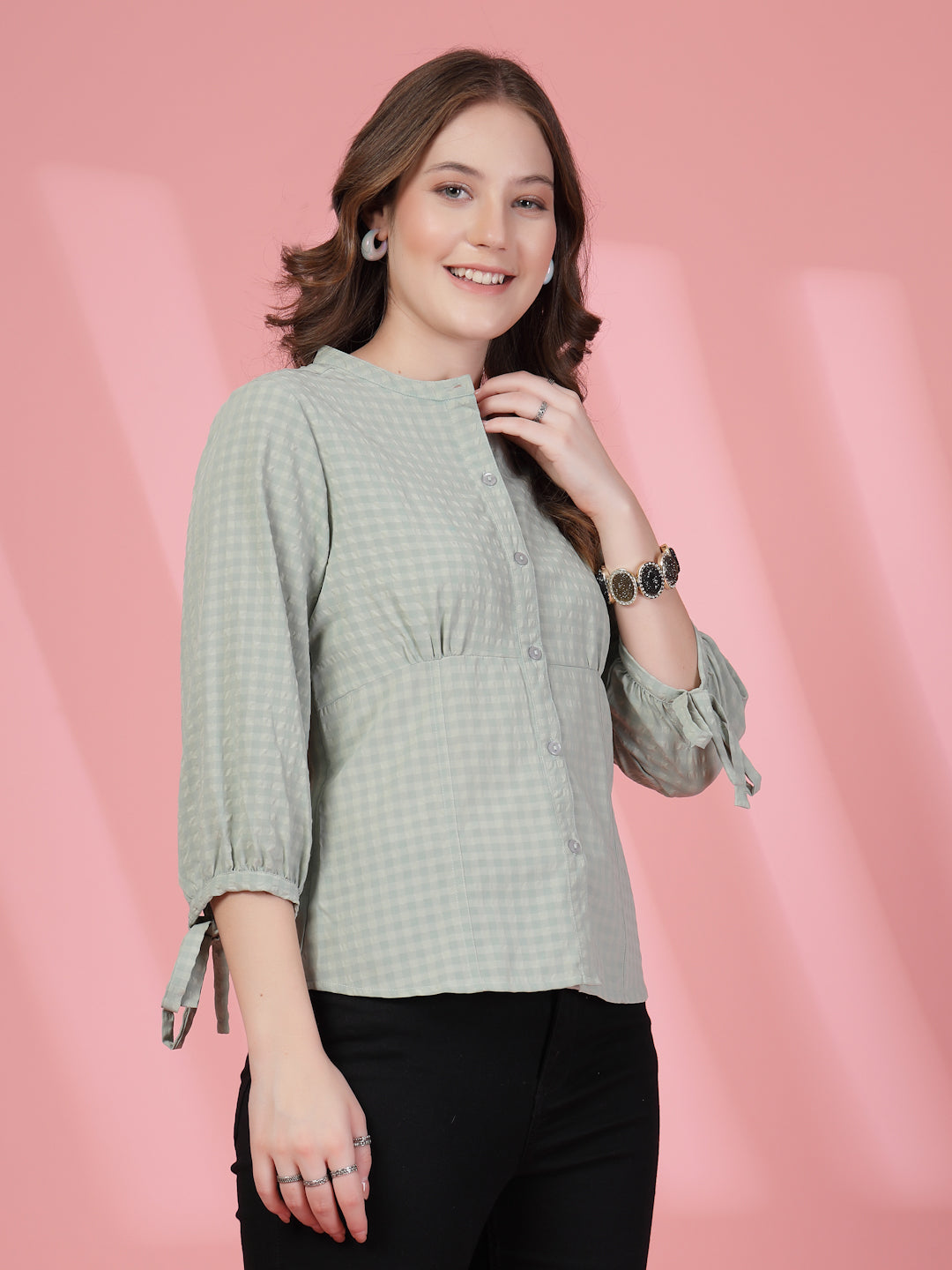 Women’s Comfort Checked Tie-Ups Mandarin Collar Relaxed Fit Regular Shirt
