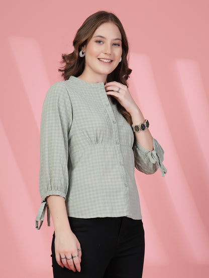 Women’s Comfort Checked Tie-Ups Mandarin Collar Relaxed Fit Regular Shirt