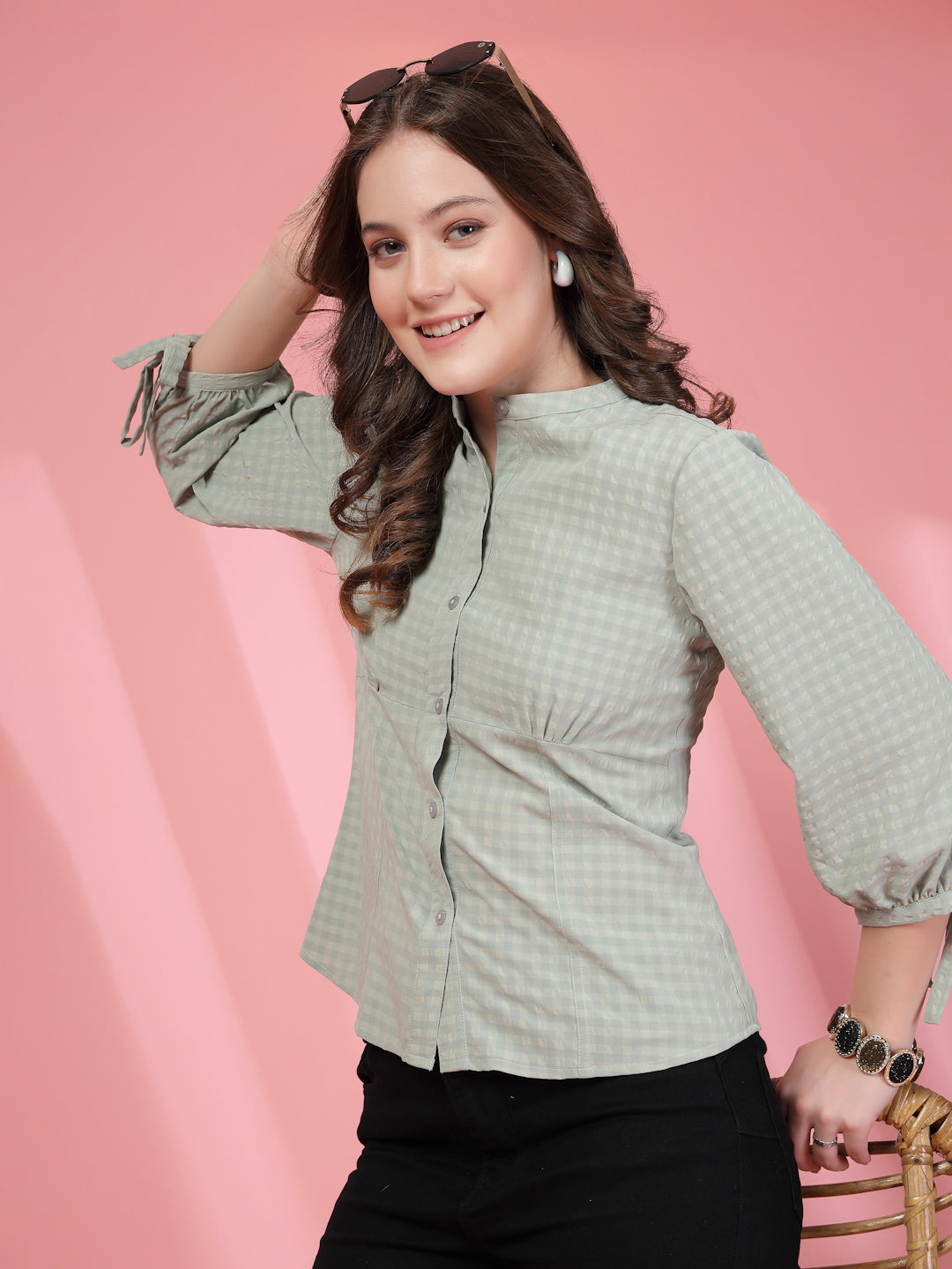 Women’s Comfort Checked Tie-Ups Mandarin Collar Relaxed Fit Regular Shirt