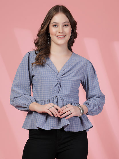 Women’s Checked Bishop Sleeves Empire Crop Top