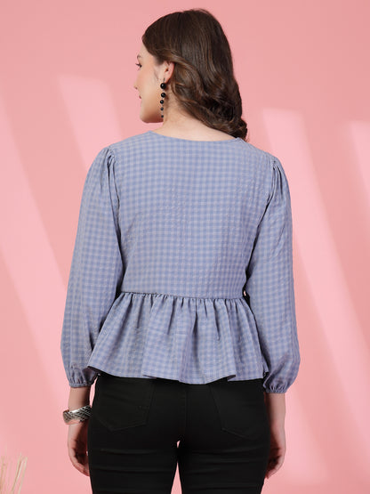 Women’s Checked Bishop Sleeves Empire Crop Top