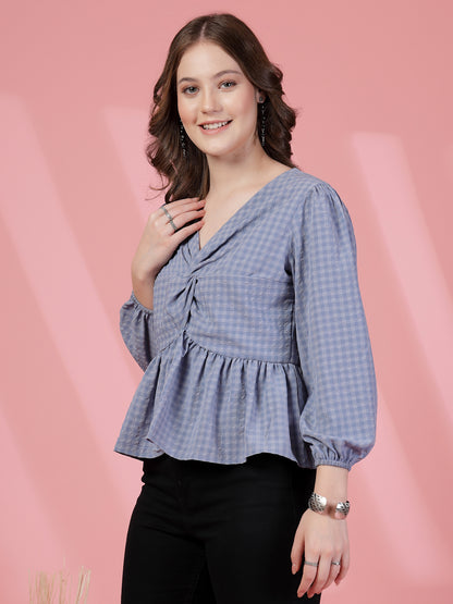 Women’s Checked Bishop Sleeves Empire Crop Top