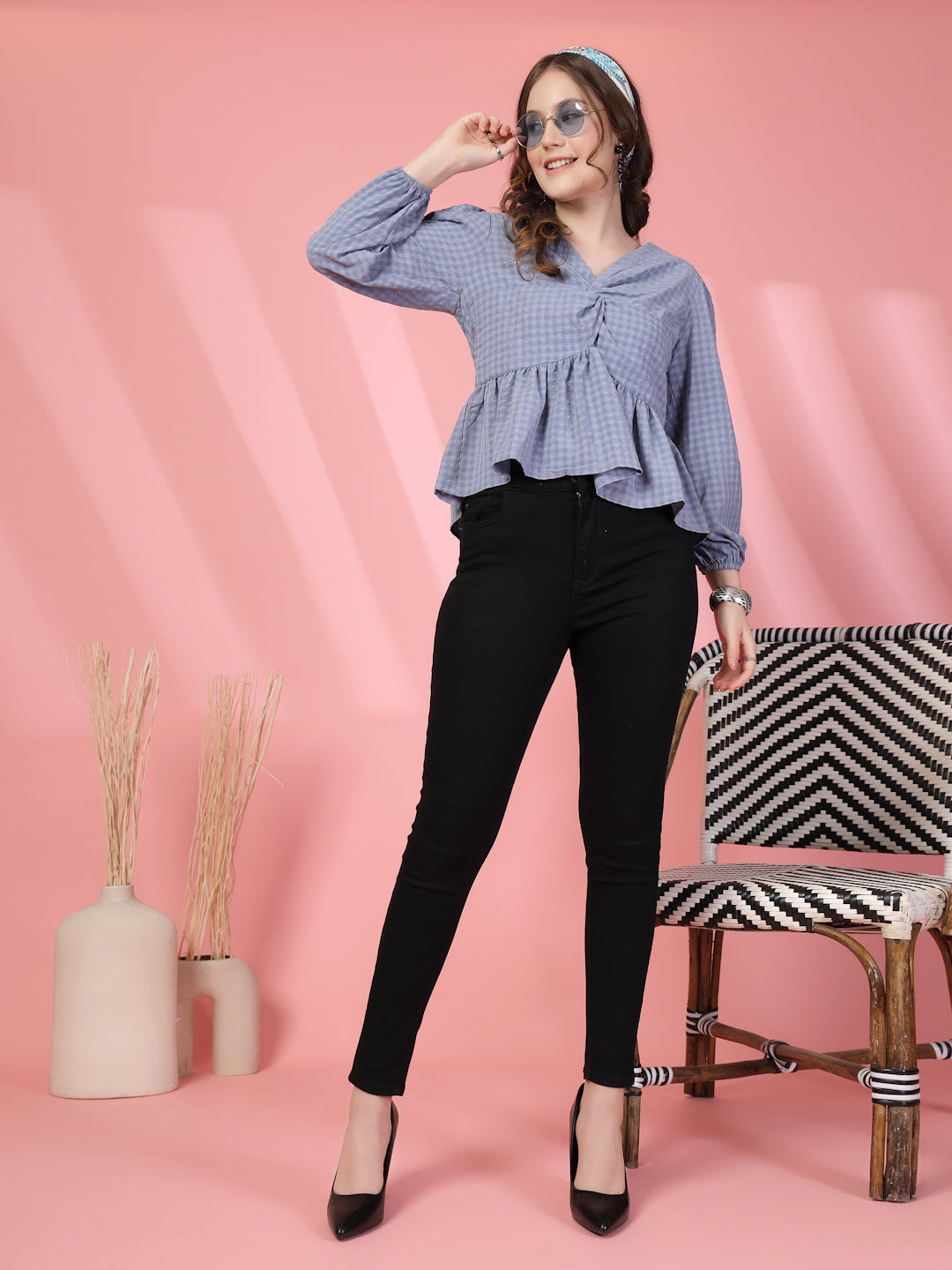 Women’s Checked Bishop Sleeves Empire Crop Top