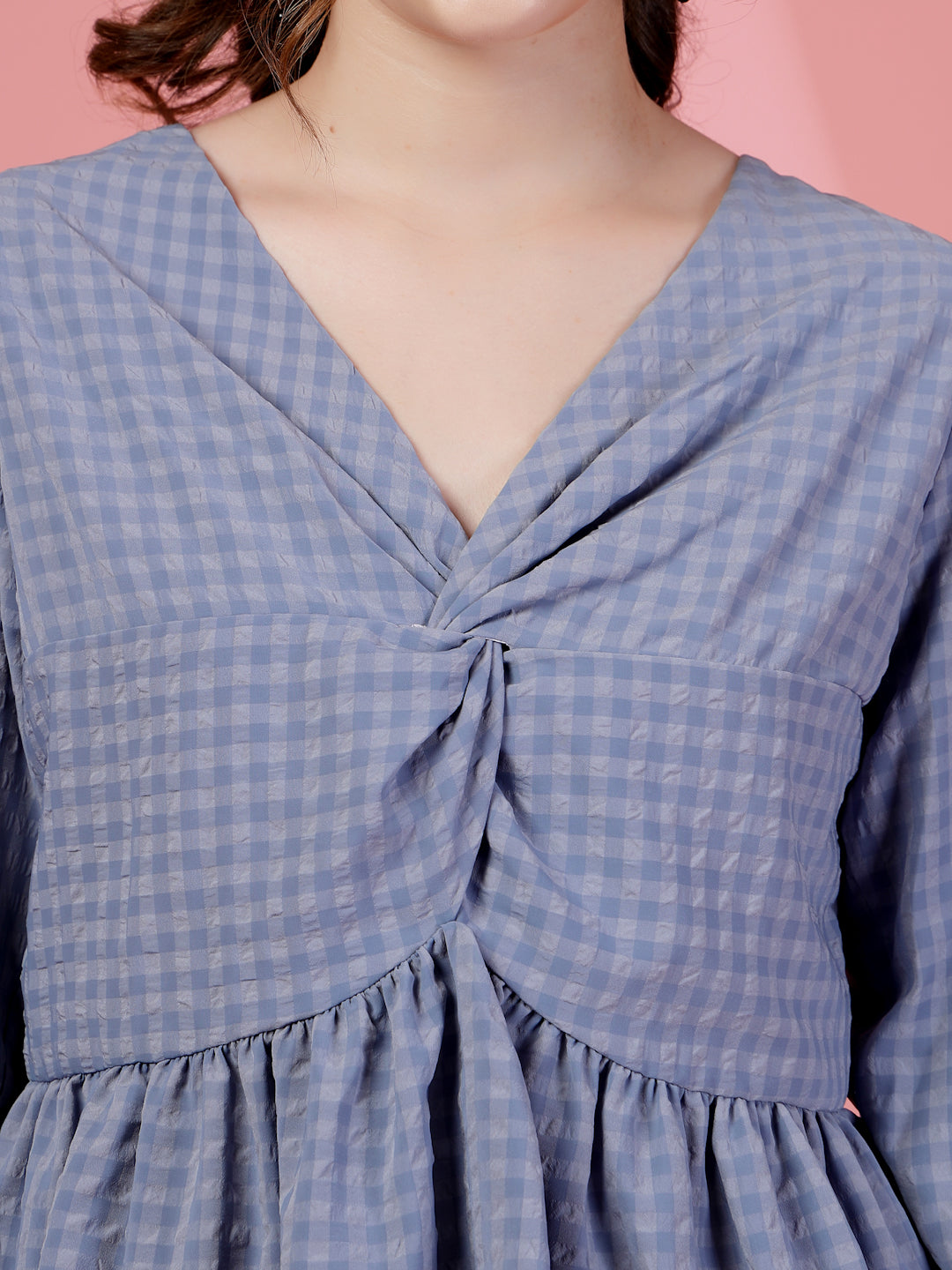 Women’s Checked Bishop Sleeves Empire Crop Top