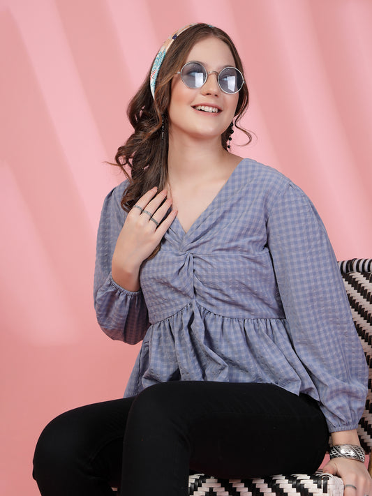 Women’s Checked Bishop Sleeves Empire Crop Top